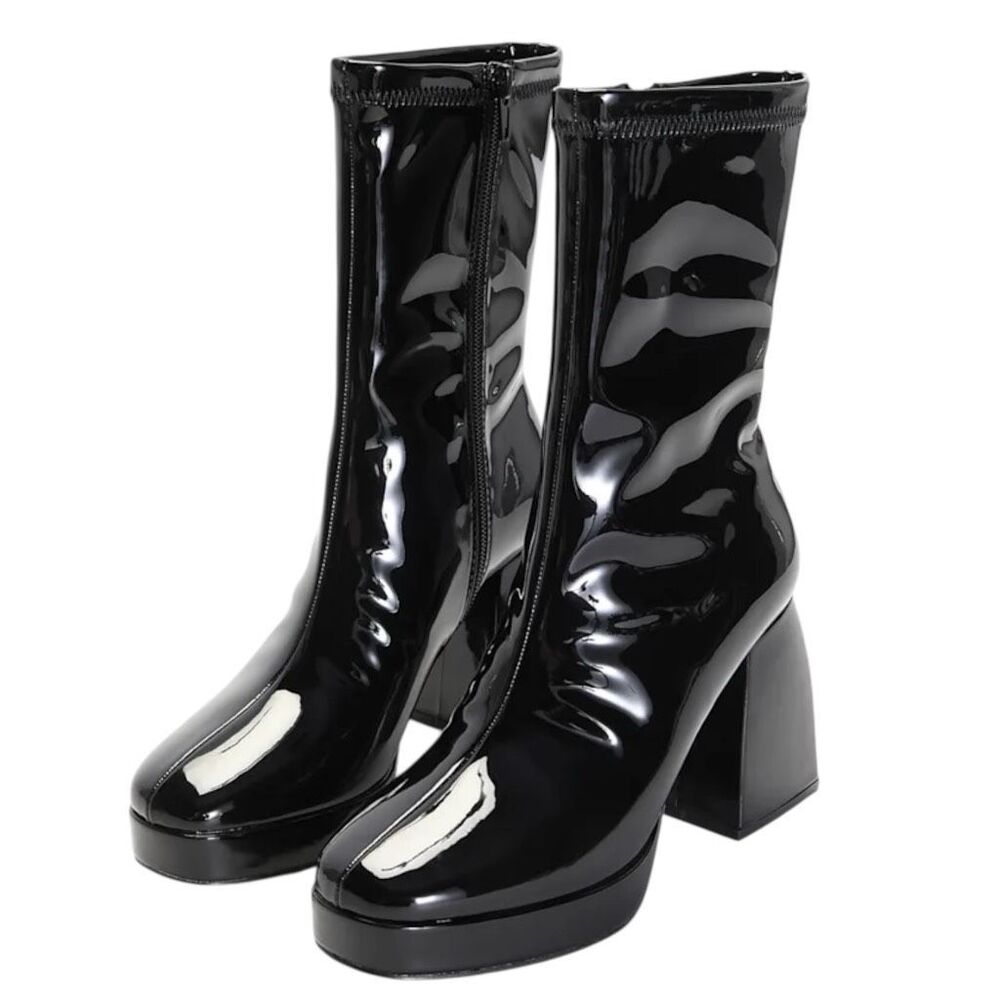 NEW Lulus Edmen Black Patent Platform Mid-Calf Boots Size 7.5 Chunky Heel (2)